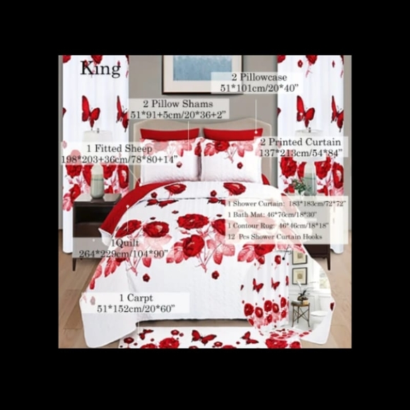 Red Floral Butterflies Bedding 24 King Set - Brand:
